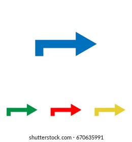 Right arrow icon. Vector. Big blue flat icon with red, green and yellow small icons at white background. Isolated.