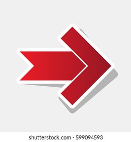 Right arrow icon. Vector. New year reddish icon with outside stroke and gray shadow on light gray background.