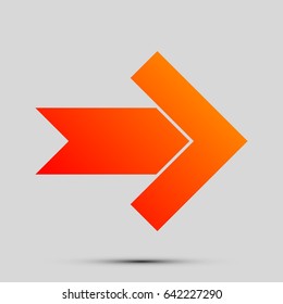 Right arrow icon. Vector. Orange, red-yellow icon with shadow on gray background.