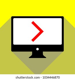 Right arrow icon. Vector. Red icon on white monitor of black all-in-one desktop computer with two shadows at yellow background.