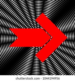 Right arrow icon. Vector. Red icon on white and black radial interference as background.