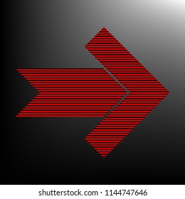 Right arrow icon. Vector. Striped red and black icon at gradient blackish background. Zebra.