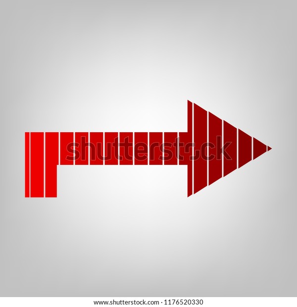 Right arrow icon. Vector. Vertically divided icon\
with colors from reddish gradient in gray background with light in\
center.