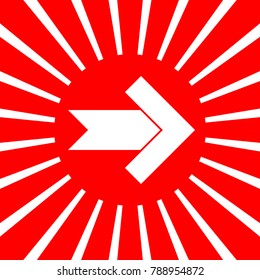 Right arrow icon. Vector. White icon on red sun with rays as background. Isolated.