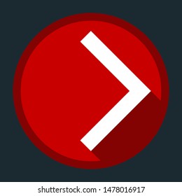 Right arrow icon. White icon with shadow on round red button at dark cyan background. Illustration.