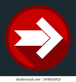 Right arrow icon. White icon with shadow on round red button at dark cyan background. Illustration.