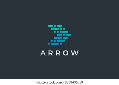 Right Arrow Logo. Blue Green Gradient Geometric Arrow Shape with Pixel Dots Style isolated on Dark Background. Flat Vector Logo Design Template Element for Business and Technology Logos.