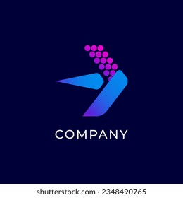 Right Arrow Logo. Blue Purple Gradient Geometric Arrow Shape with Pixel Dots Halftone Origami Style. Usable for Business and Technology Logos. Flat Vector Logo Design Template Element.