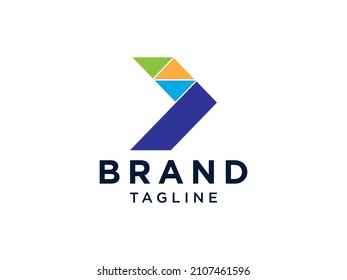 Logo de la flecha derecha. Forma de flecha geométrica azul claro y púrpura con estilo de originami de líneas rayadas. Usable para Logos de Negocios y Tecnología. Elemento de plantilla de diseño de logotipo de vectores planos.