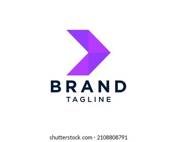 Logo de la flecha derecha. Forma de flecha geométrica azul claro y púrpura con estilo de originami de líneas rayadas. Usable para Logos de Negocios y Tecnología. Elemento de plantilla de diseño de logotipo de vectores planos.
