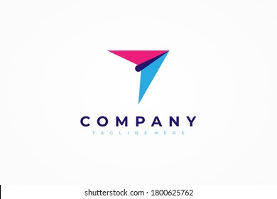 Right Arrow Logo. Red and Blue Geometric Paper Plane Arrow Up.  Origami Style Design isolated on White Background Usable for Business and Delivery Logos. Flat Vector Logo Design Template Element