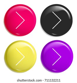 Right arrow multi color glossy badge icon set. Realistic shiny badge icon or logo mockup