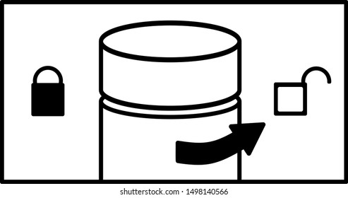 Right arrow on a bottle with a cap and symbols of open and closed lock on the right and left. Instructions where to turn to open, move left - close. Vector icon for medicine, cosmetics, chemistry