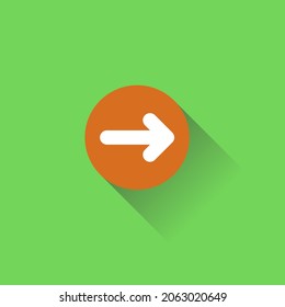 Right arrow in orange circle with shadow, colored icon on green background. Right button symbol flat design for web and mobile app. The concept of the direction of the path to the store. Vector EPS 10