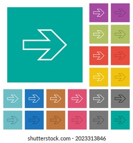 Right arrow outline multi colored flat icons on plain square backgrounds. Included white and darker icon variations for hover or active effects.