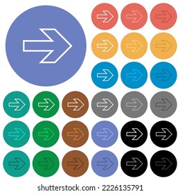 Iconos planos multicolores de la flecha derecha en los fondos redondos. Se incluyeron variaciones de iconos blancos, claros y oscuros para efectos de movimiento y estado activo, y tonos extra.