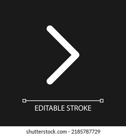 Right arrow pixel perfect white linear ui icon for dark theme. Navigation. Angle bracket. Vector line pictogram. Isolated user interface symbol for night mode. Editable stroke. Arial font used