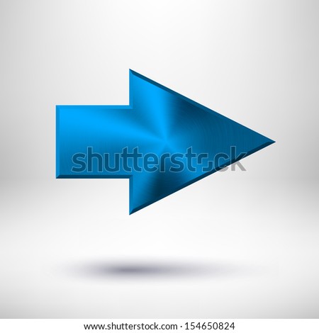 Right arrow sign with blue metal texture (silver, chrome, steel, iron, bronze), realistic shadow and light background for internet sites, web user interfaces (UI) and applications (apps). Vector.