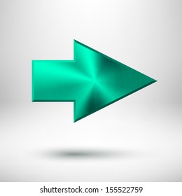 Right arrow sign with green (emerald) metal texture (silver, chrome, steel, iron, bronze), realistic shadow and light background for web interfaces (UI) and applications (apps). Vector illustration.