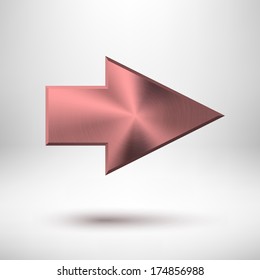 Right arrow sign with pink metal texture (silver, chrome, steel, iron), realistic shadow and light background for internet sites, web user interfaces (UI) and applications (apps). Vector.