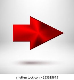 Right arrow sign with red metal texture (silver, chrome, steel, iron, bronze), realistic shadow and light background for internet sites, web user interfaces (UI) and applications (apps). Vector.