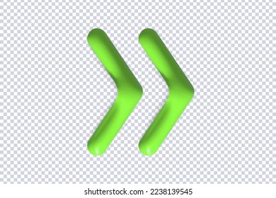 Right arrow symbol icon. Two realistic green arrows isolated on transparent. Direction Arrowhead symbol. Navigation pointer sign. Creative concept design in 3d cartoon style. Vector illustration