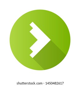 Right arrowhead flat design long shadow glyph icon. Forward triangular arrow. Next. Navigation pointer sign. Direction move. Motion indicator. Abstract pointing cursor. Vector silhouette illustration