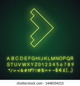 Right arrowhead neon light icon. Forward triangular arrow. Navigation pointer. Motion indicator. Abstract pointing cursor. Glowing sign with alphabet, numbers and symbols. Vector isolated illustration