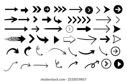 Flechas derechas grandes iconos de conjunto negro, icono de flecha, flechas simples modernas, cursor de colección de Vector de flecha