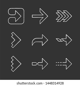 Right arrows chalk icons set. Forward, curved, dotted, twisted next, forward. Marker, indicator. Motion. Movement sign. Arrowhead indicating rightward. Isolated vector chalkboard illustrations