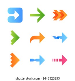 Right arrows flat design long shadow color icons set. Forward, curved, dotted, twisted next, forward. Marker, indicator. Arrowhead indicating rightward. Vector silhouette illustrations