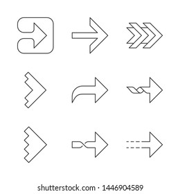Right arrows linear icons set. Curved, dotted, twisted next, forward. Pointer. Arrowhead indicating rightward. Thin line contour symbols. Isolated vector outline illustrations. Editable stroke