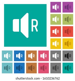Right audio channel multi colored flat icons on plain square backgrounds. Included white and darker icon variations for hover or active effects.