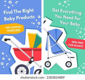 right baby products for your baby, shop with prams and children clothes. Promotional banner with discounts and sales for parents, shop or store with assortment of perambulators. Vector in flat style