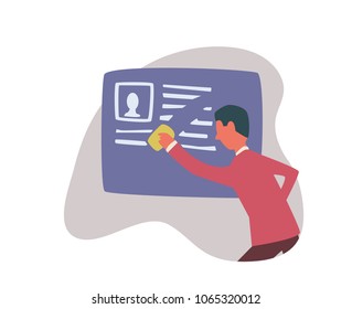 Right to be forgotten in the internet. A man erases information about himself. Concept vector illustration, isolated on white background.