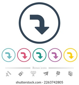 Right bottom side turn arrow solid flat color icons in round outlines. 6 bonus icons included.