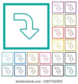 Right bottom side turn arrow outline flat color icons with quadrant frames on white background