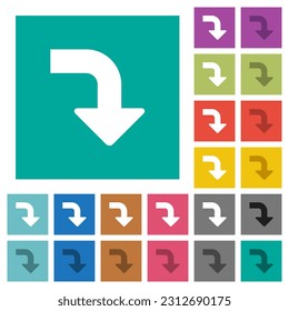 Right bottom side turn arrow solid multi colored flat icons on plain square backgrounds. Included white and darker icon variations for hover or active effects.
