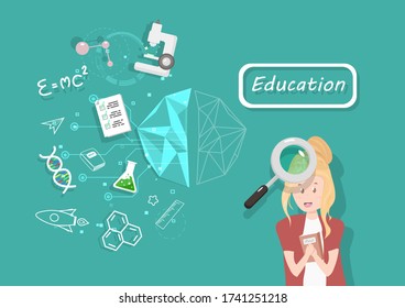 Right brain, education people character, mind mapping, reason, thinking logic science concept, flat design and polygon, idea background cartoon vector illustration