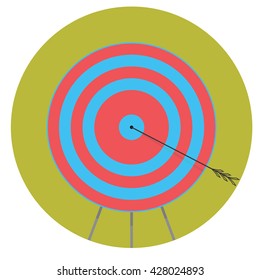 Right in bullseye. Arrow in target icon flat. Bullseye and aiming in centre. Vector illustration