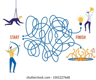 Right Business Choice, Victory or Failure Metaphor. Flat Maze. Two Tangled Roads. Man Aims with Bow, Male Spy Hangs on Ropes at Start. Idea Prize and Abyss with Monster at Finish. Vector Illustration
