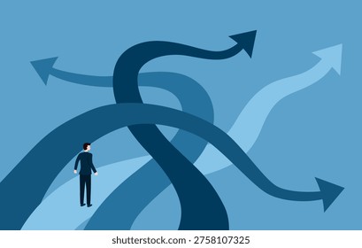 Right Business Way Concept. Vector cartoon illustration of many roads leading in different directions, one path leading to a goal with a final golden mark along which a businessman goes.