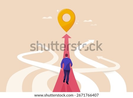 Right Business Way Concept. Vector cartoon illustration of many roads leading in different directions, one path leading to a goal with a final golden mark along which a businessman goes.