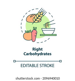 Right Carbohydrates Concept Icon. Healthy Ration For Sportive Lifestyle Abstract Idea Thin Line Illustration. Isolated Outline Drawing. Editable Stroke. Roboto-Medium, Myriad Pro-Bold Fonts Used