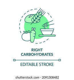 Right Carbohydrates Green Concept Icon. Healthy Ration For Fitness Abstract Idea Thin Line Illustration. Isolated Outline Drawing. Editable Stroke. Roboto-Medium, Myriad Pro-Bold Fonts Used