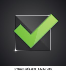 Right check mark on glass substrate, space for text, vector illustration