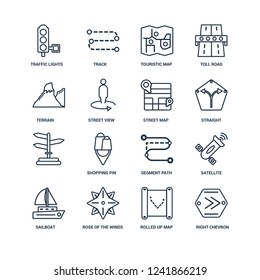 Right chevron, Rolled Up Map, Rose of the Winds, Sailboat, Satellite, Traffic lights, Terrain, , Street Map outline vector icons from 16 set
