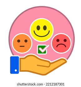 icono de color de la elección correcta. color tres Emoji triste, feliz y sonrisa con iconos de verificación encima de la mano. 