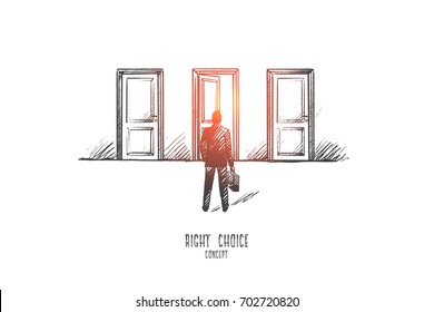 Right choice concept. Hand drawn man faces a choice. Man chooses the path isolated vector illustration.