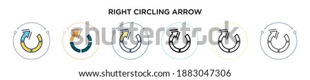 Right circling arrow icon in filled, thin line, outline and stroke style. Vector illustration of two colored and black right circling arrow vector icons designs can be used for mobile, ui, web